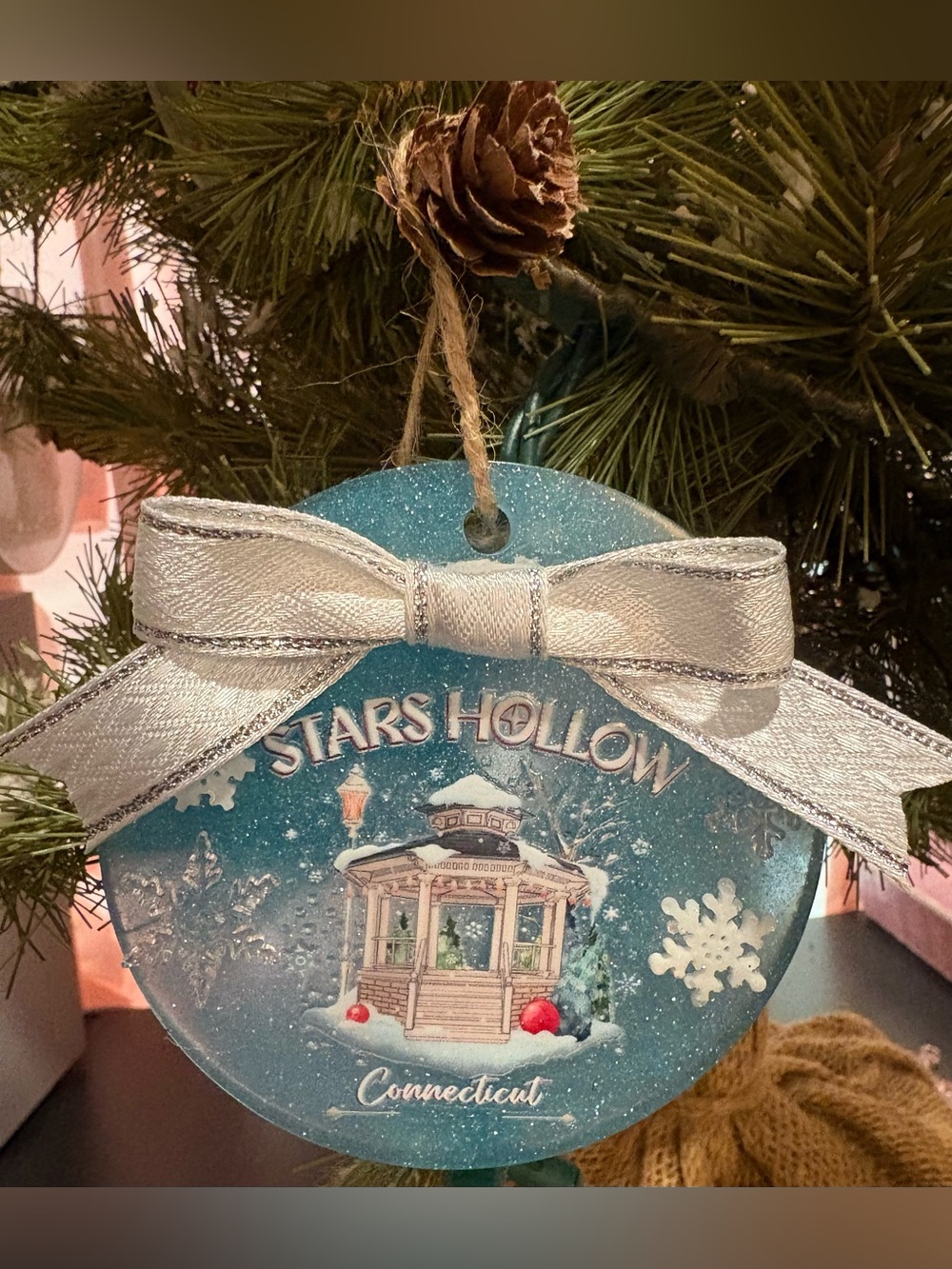 Stars Hollow Connecticut Blue Holiday Ornament with Silver Bow